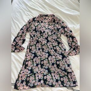 J. Crew Navy Floral Long-Sleeve Midi Dress with Pink Blooms